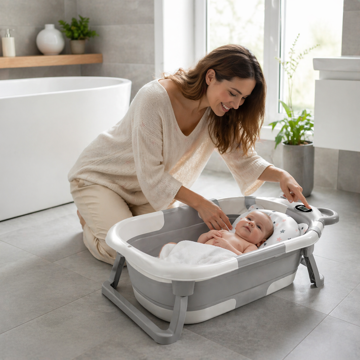 Baignoire Bébé Pliable Portable - Thermomètre Intégré, Coussin Antidérapant, 0 à 15 Mois