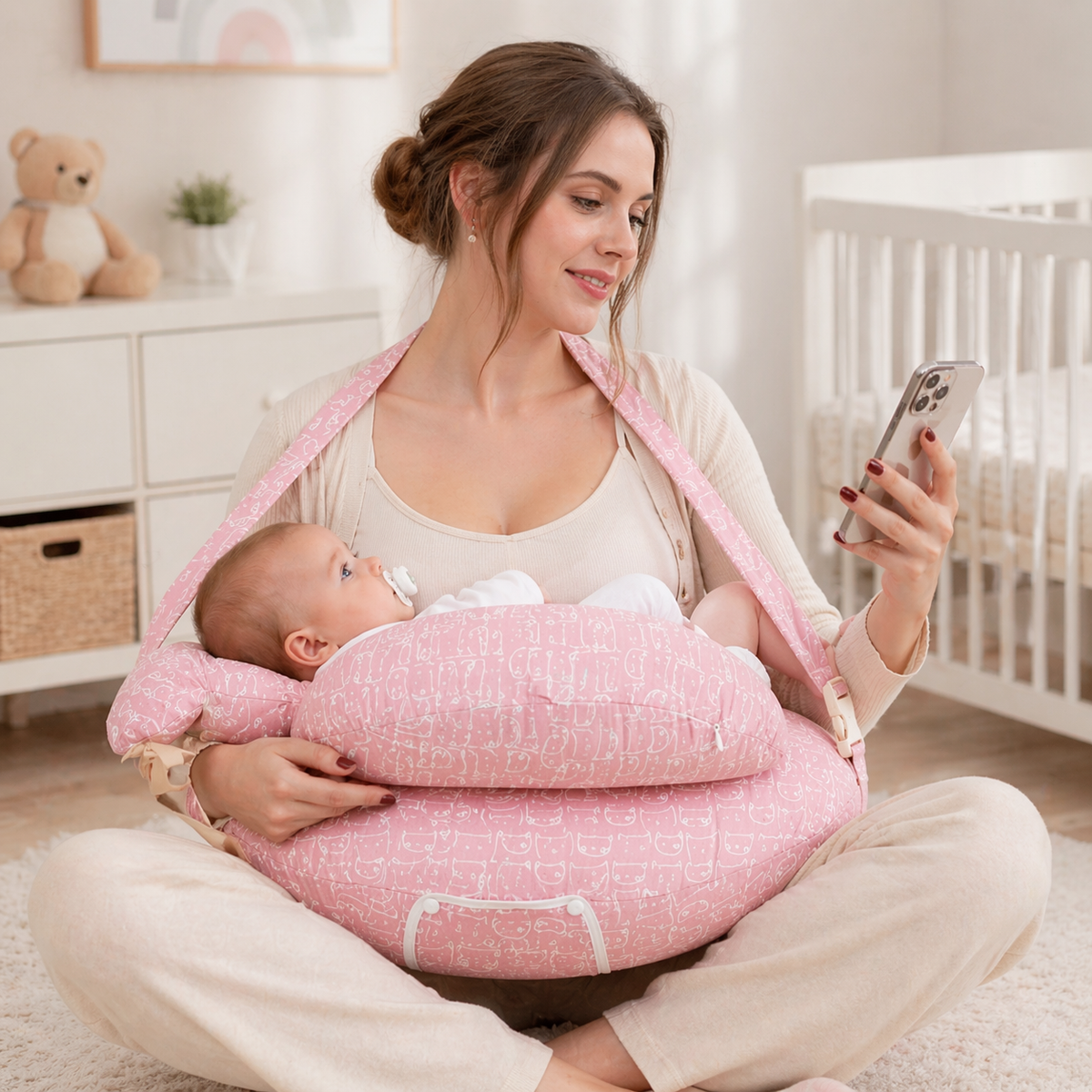 Coussin d'Allaitement Multifonction en Coton - Bandoulière Incluse, Angle 15°, 3 Usages