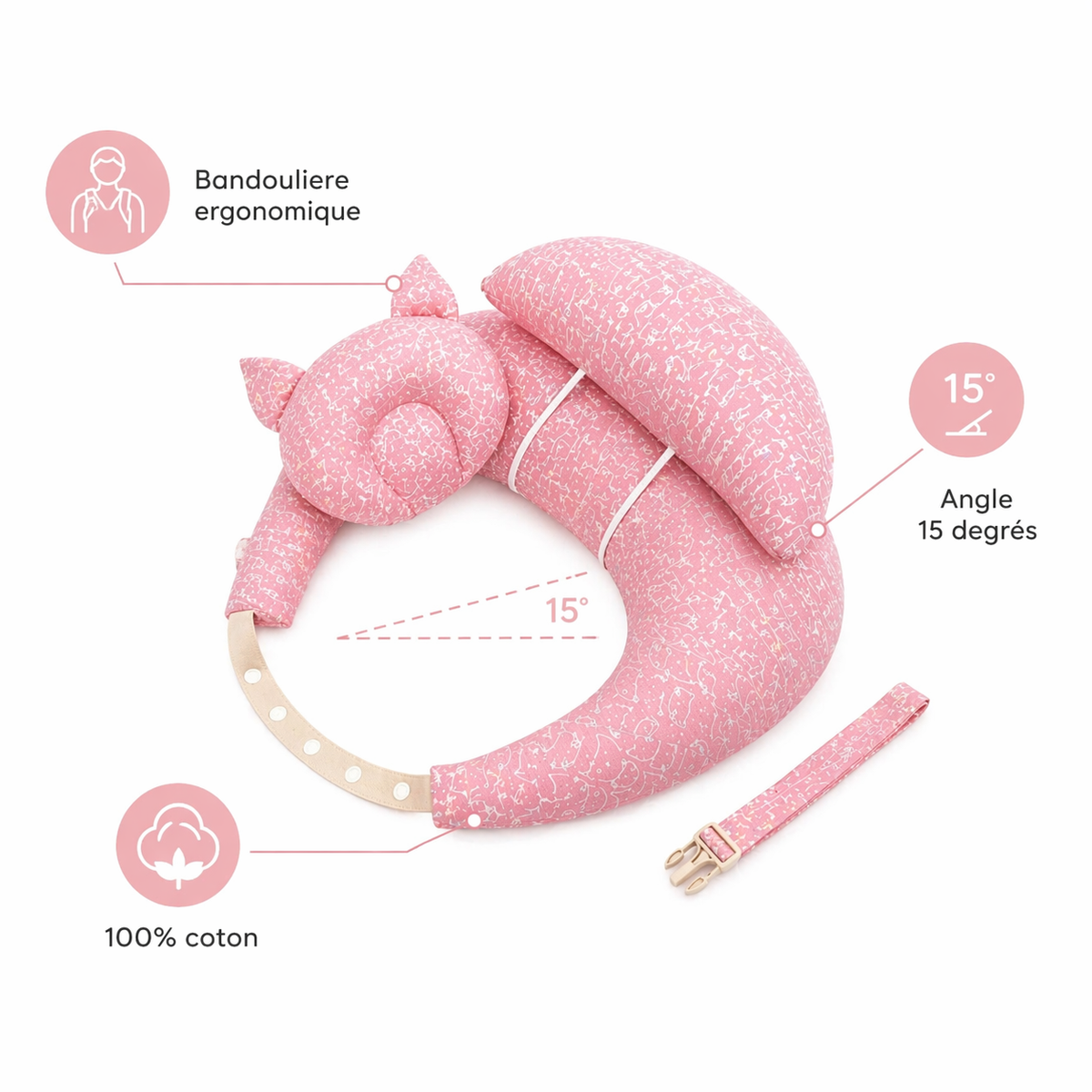 Coussin d'Allaitement Multifonction en Coton - Bandoulière Incluse, Angle 15°, 3 Usages