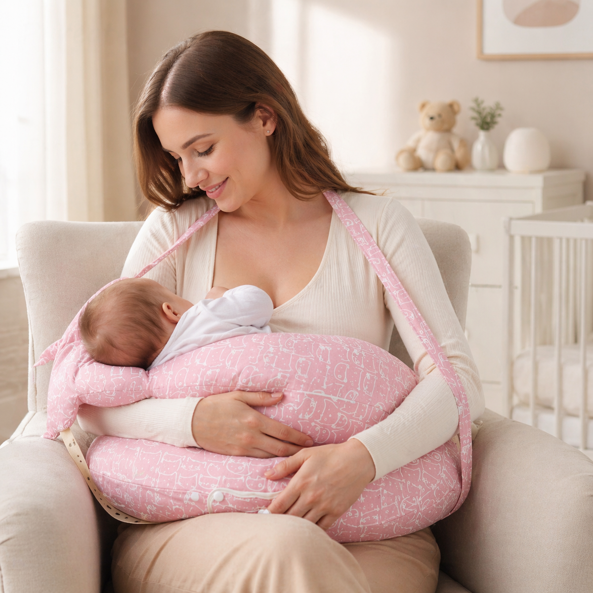 Coussin d'Allaitement Multifonction en Coton - Bandoulière Incluse, Angle 15°, 3 Usages