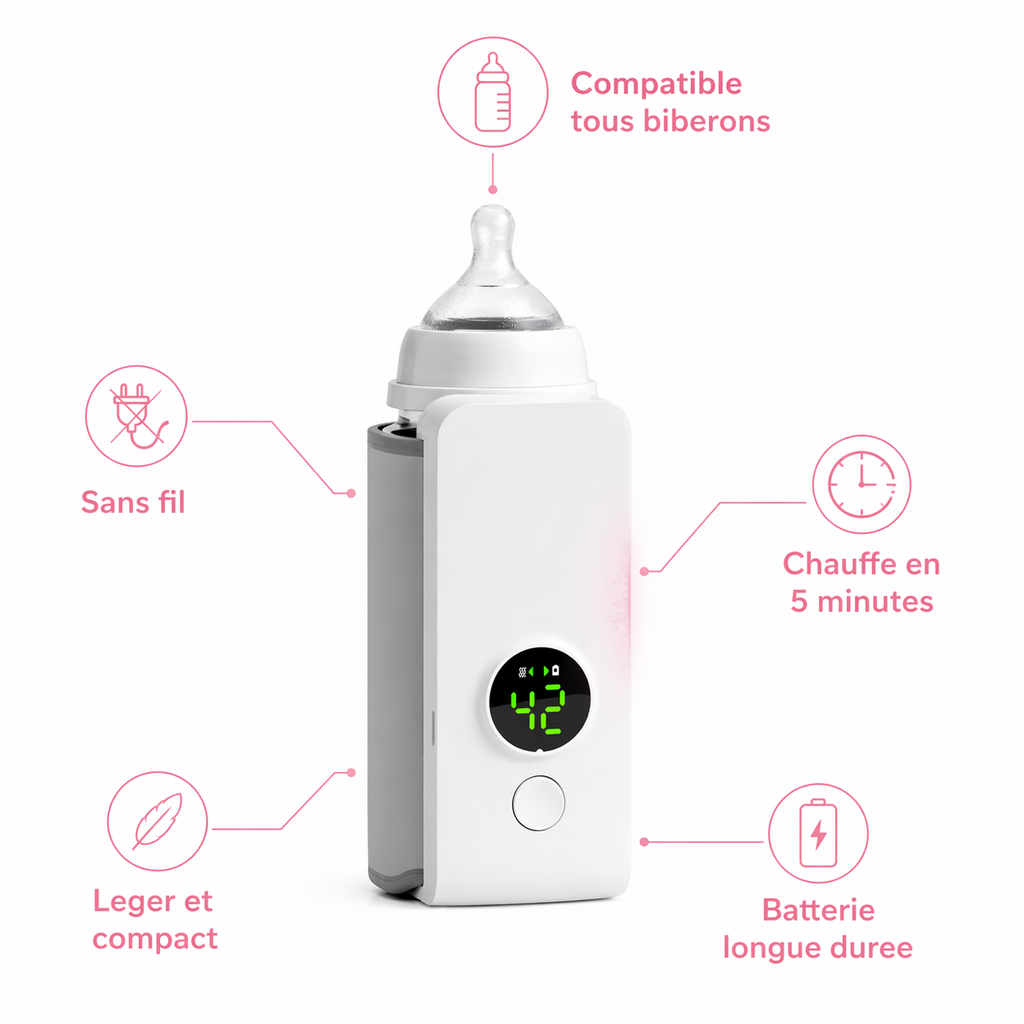 Chauffe-Biberon Portable Sans Fil pour Bébé - 3 Températures 37°C/40°C/45°C, Rechargeable USB