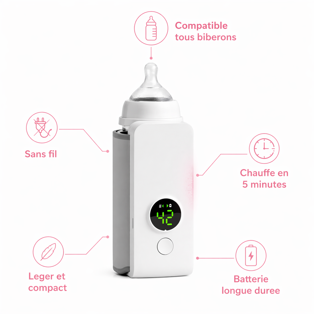 Chauffe-Biberon Portable Sans Fil pour Bébé - 3 Températures 37°C/40°C/45°C, Rechargeable USB
