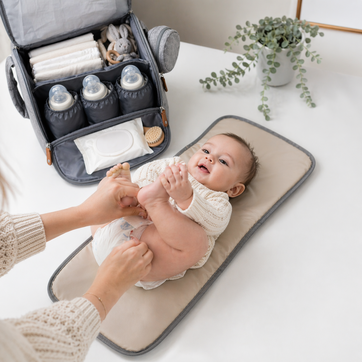 Sac à Langer Bébé 2-en-1 avec Matelas à Langer Amovible - Bretelles Réglables, Fixation Poussette