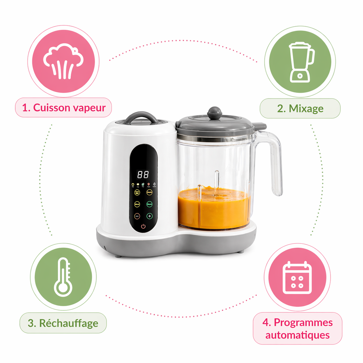 Robot Cuiseur Bébé 4-en-1 - Cuisson Vapeur, Mixage, Réchauffage, Cuve Inox, Écran Tactile
