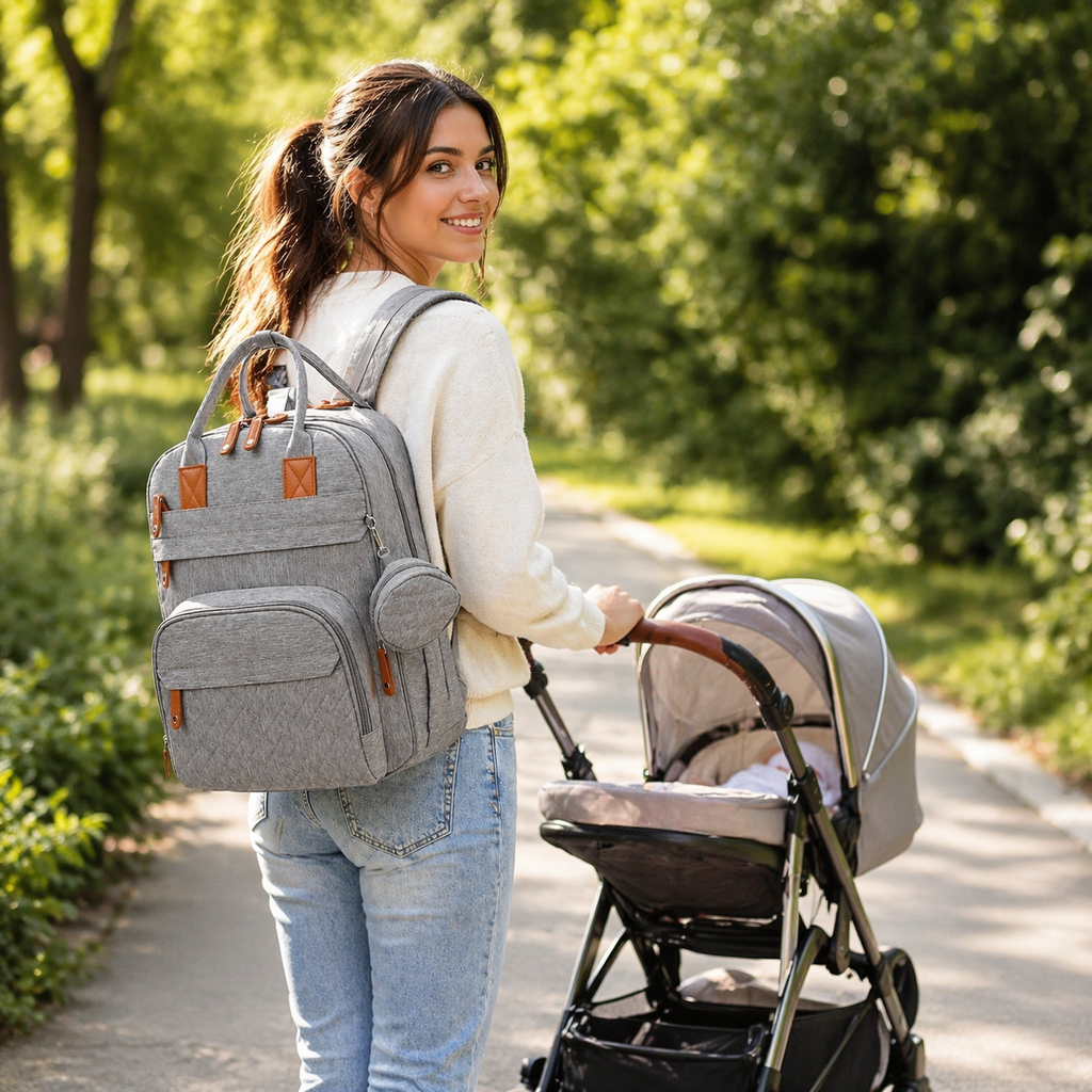 Sac à Langer Bébé 2-en-1 avec Matelas à Langer Amovible - Bretelles Réglables, Fixation Poussette