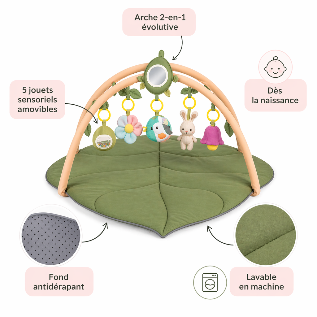 Tapis d'Éveil Bébé 2-en-1 avec Arche de Jeu - 5 Jouets Amovibles, Fond Antidérapant, Lavable Machine