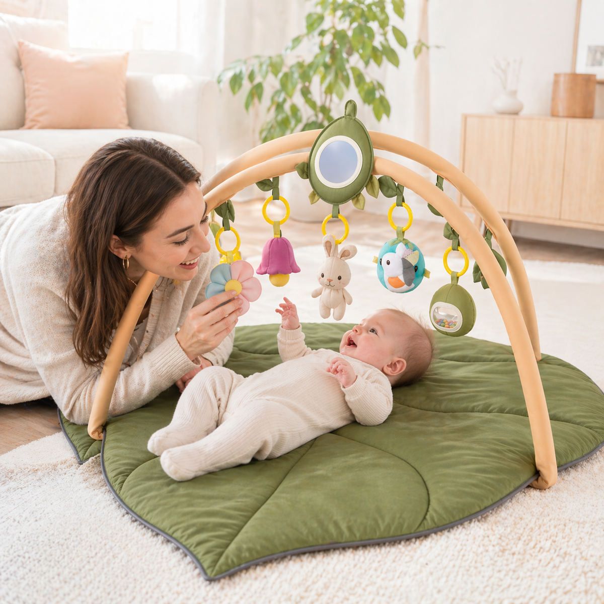 Tapis d'Éveil Bébé 2-en-1 avec Arche de Jeu - 5 Jouets Amovibles, Fond Antidérapant, Lavable Machine