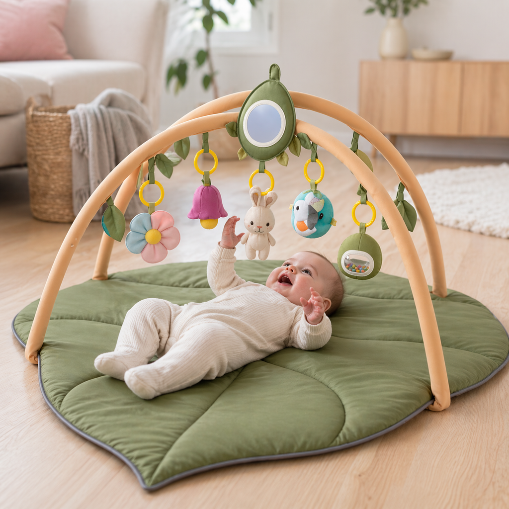 Tapis d'Éveil Bébé 2-en-1 avec Arche de Jeu - 5 Jouets Amovibles, Fond Antidérapant, Lavable Machine